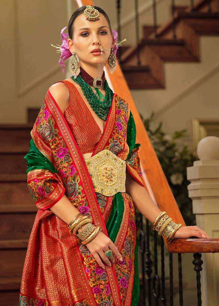 Forest Green Banarasi Silk Saree With Jacquard Butti Weaving And Meenakari Border & Pallu - House of Sarvati LLC