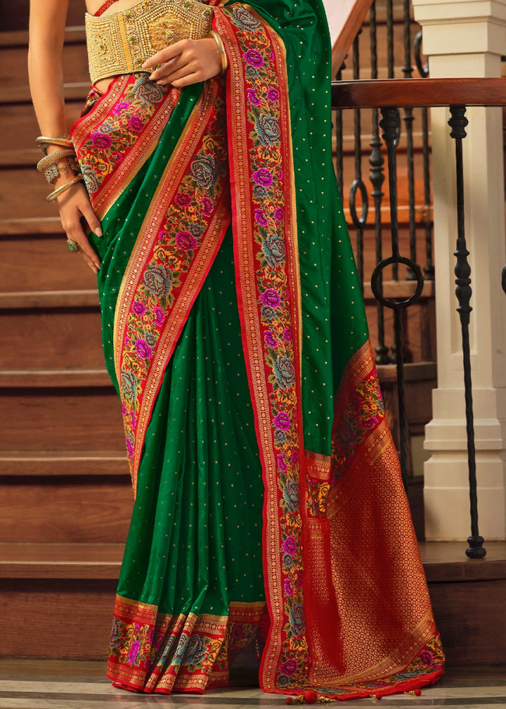 Forest Green Banarasi Silk Saree With Jacquard Butti Weaving And Meenakari Border & Pallu - House of Sarvati LLC