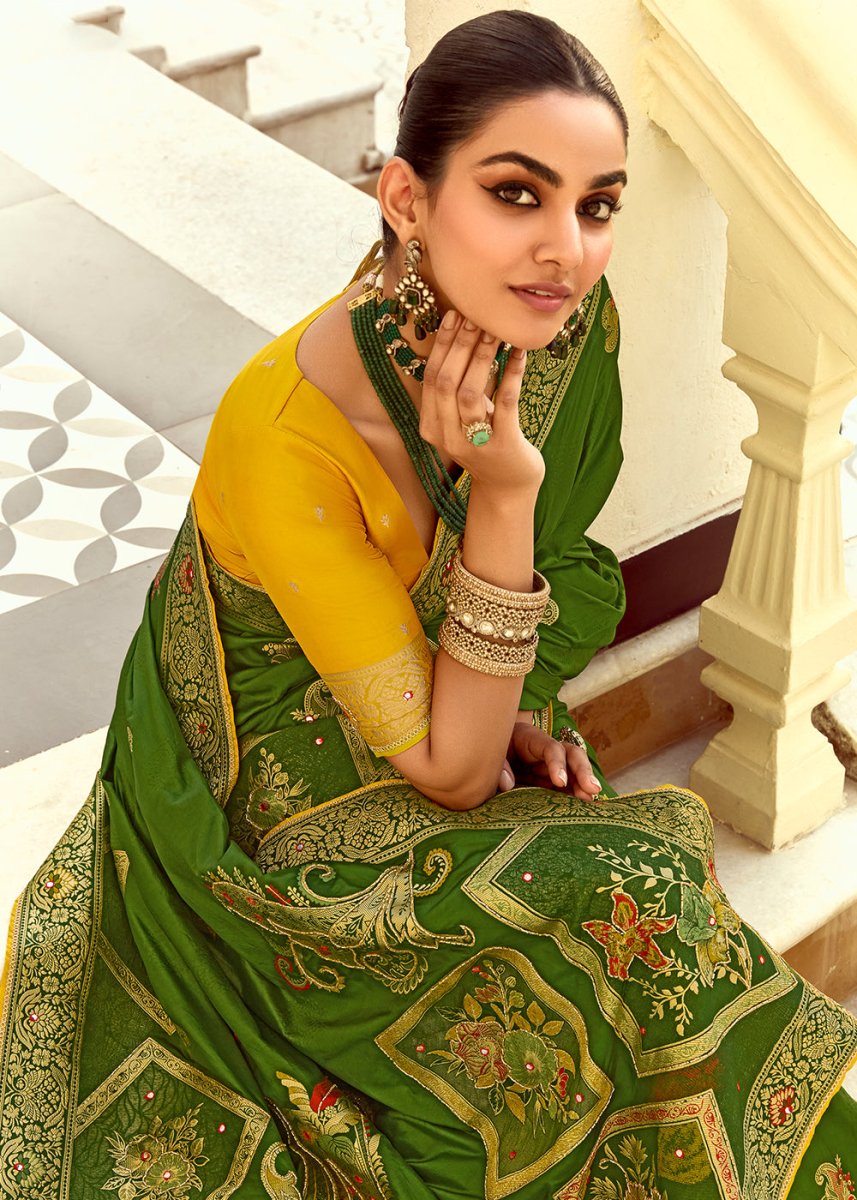 Forest Green Dola Silk Saree Featuring Zari Weave And Intricate Handwork With Cut Dana - House of Sarvati LLC