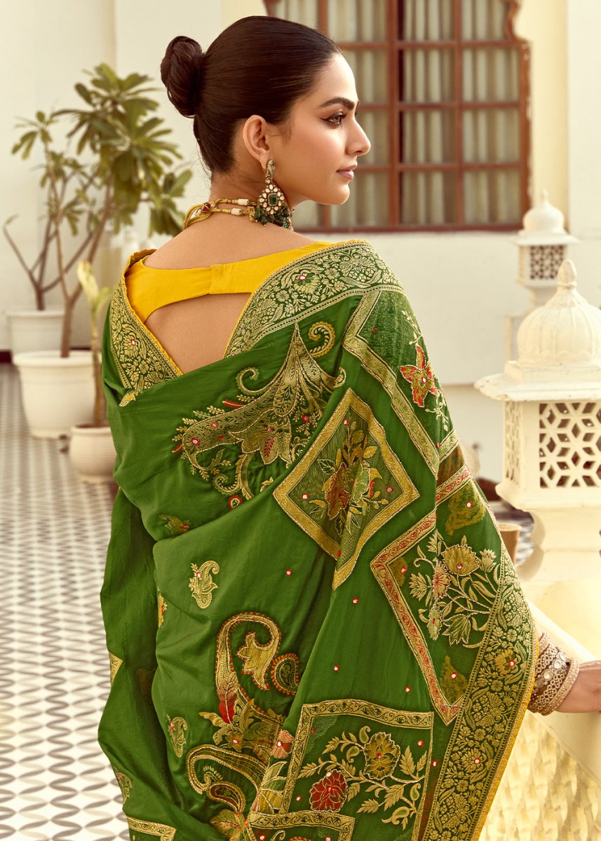 Forest Green Dola Silk Saree Featuring Zari Weave And Intricate Handwork With Cut Dana - House of Sarvati LLC