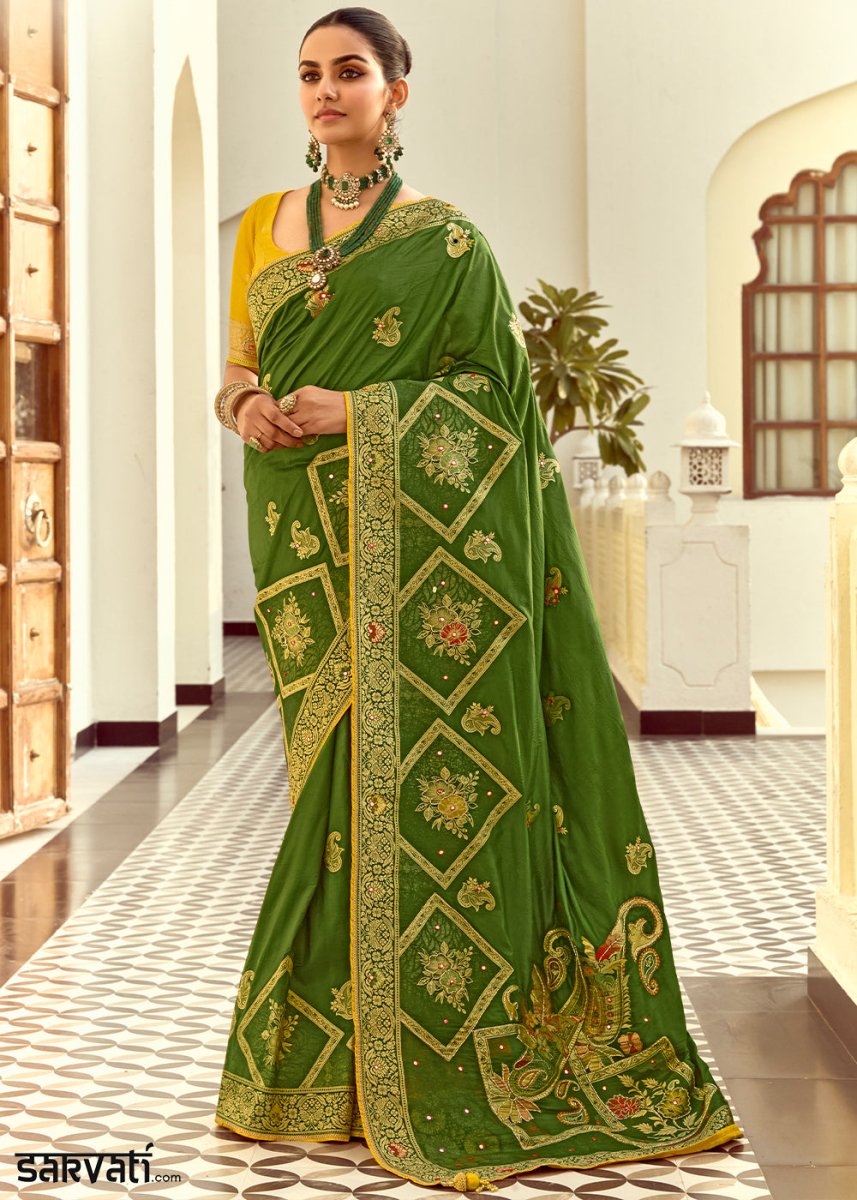 Forest Green Dola Silk Saree Featuring Zari Weave And Intricate Handwork With Cut Dana - House of Sarvati LLC