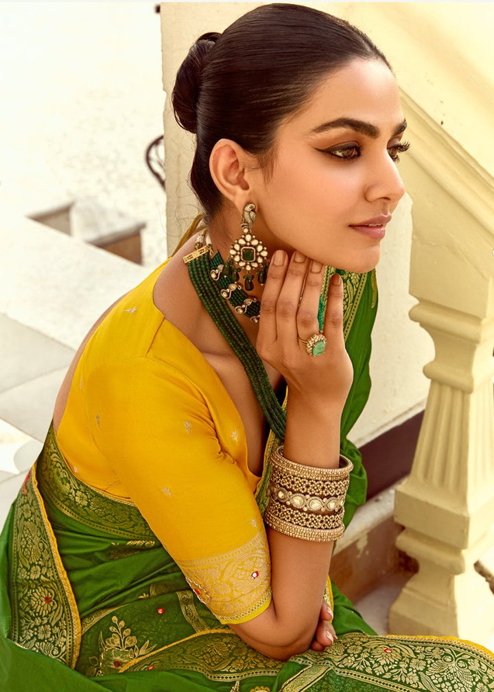 Forest Green Dola Silk Saree Featuring Zari Weave And Intricate Handwork With Cut Dana - House of Sarvati LLC