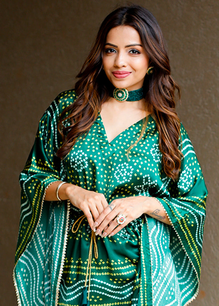 Forest Green Gaji Silk Kaftan with Gota Patti Lace and All - Over Bandhani Digital Print - House of Sarvati LLC