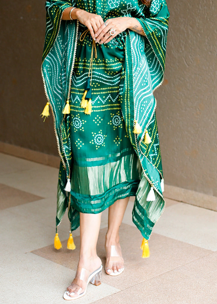 Forest Green Gaji Silk Kaftan with Gota Patti Lace and All - Over Bandhani Digital Print - House of Sarvati LLC