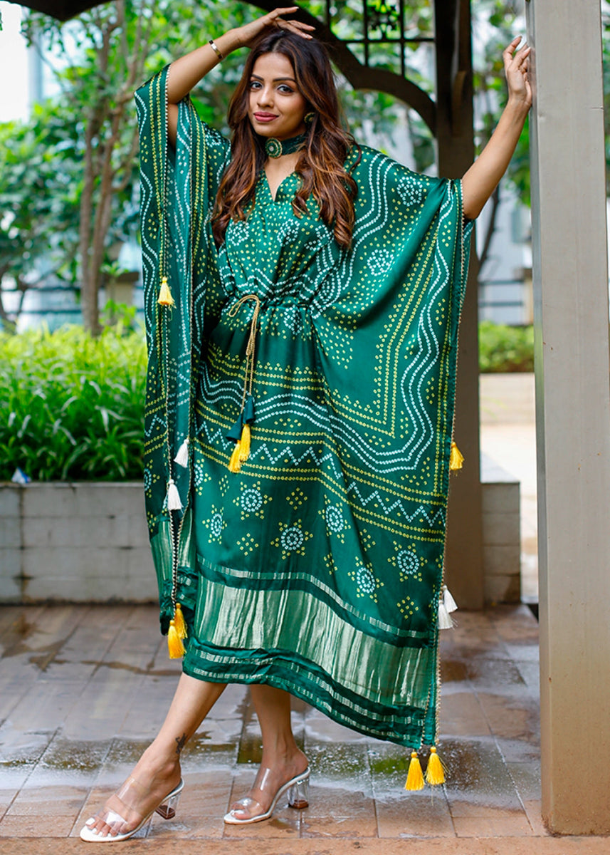 Forest Green Gaji Silk Kaftan with Gota Patti Lace and All - Over Bandhani Digital Print - House of Sarvati LLC