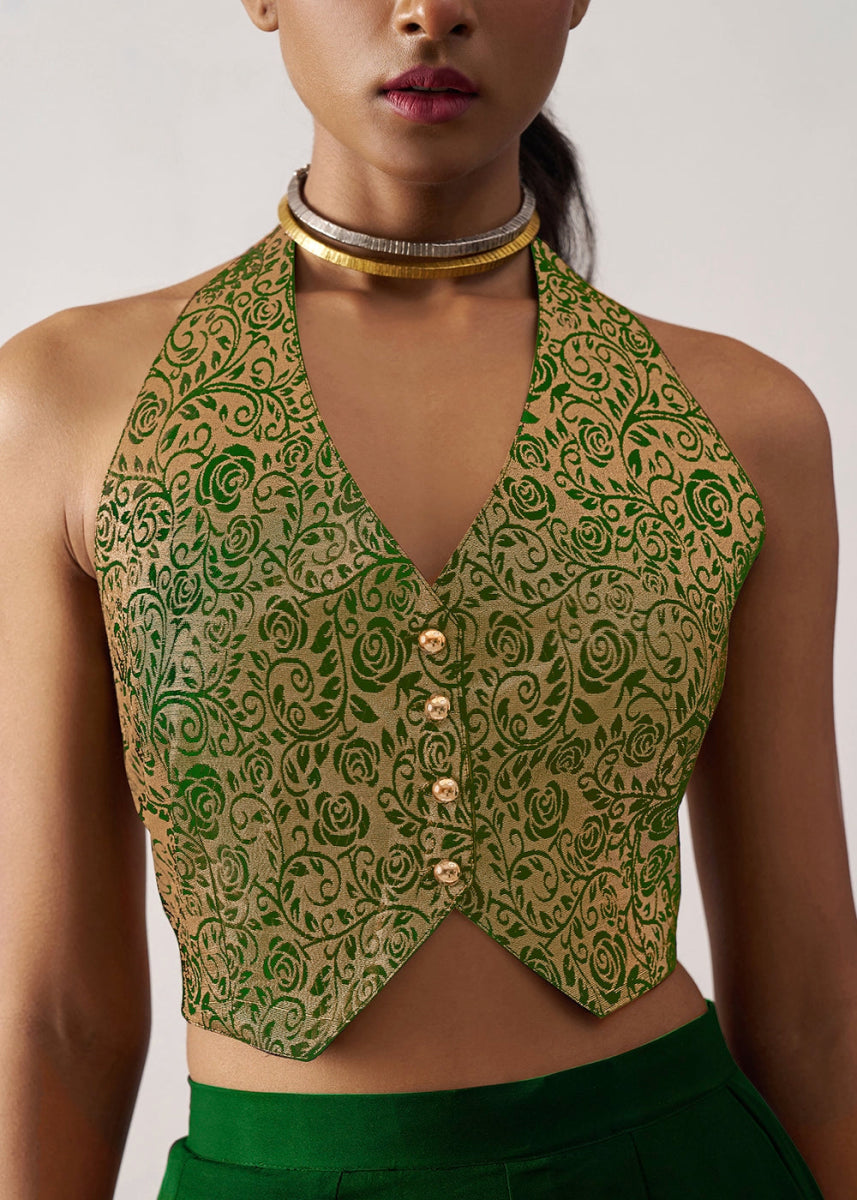 Forest Green Palazzo & Jacquard Waistcoat Fusion Set - House of Sarvati LLC