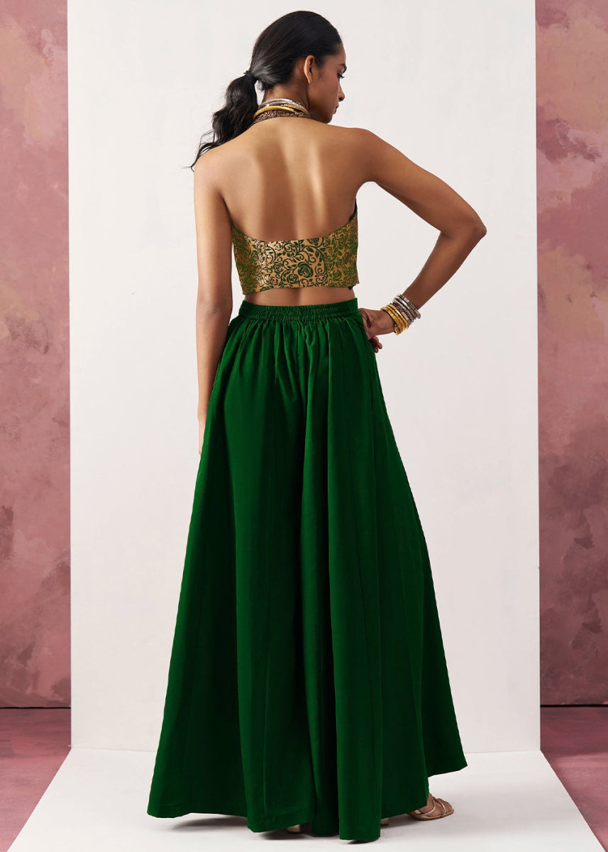 Forest Green Palazzo & Jacquard Waistcoat Fusion Set - House of Sarvati LLC