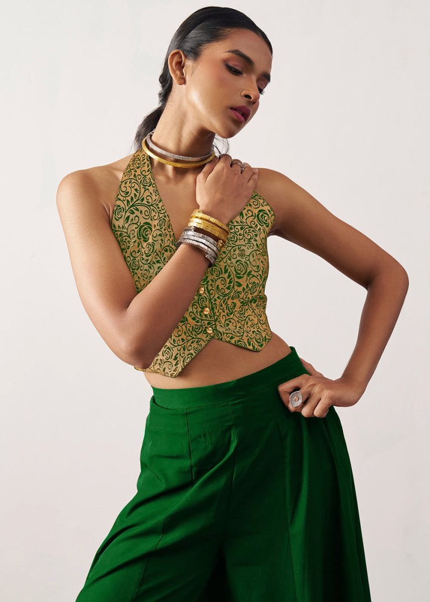Forest Green Palazzo & Jacquard Waistcoat Fusion Set - House of Sarvati LLC