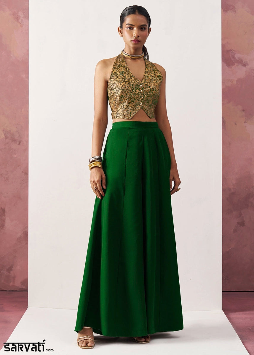 Forest Green Palazzo & Jacquard Waistcoat Fusion Set - House of Sarvati LLC