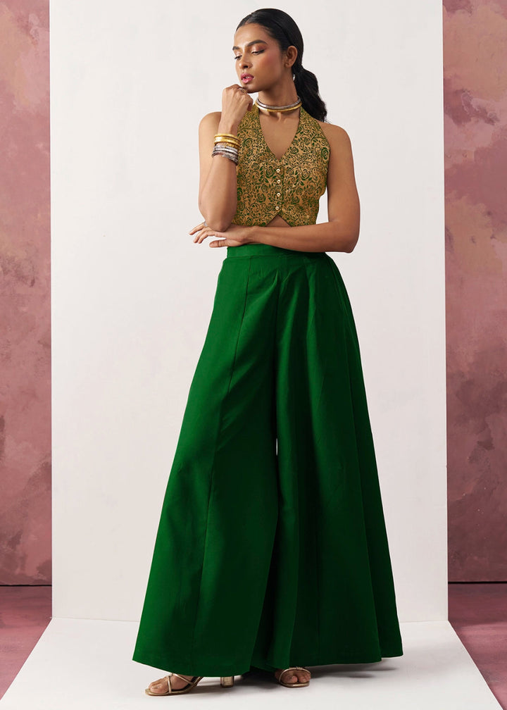 Forest Green Palazzo & Jacquard Waistcoat Fusion Set - House of Sarvati LLC