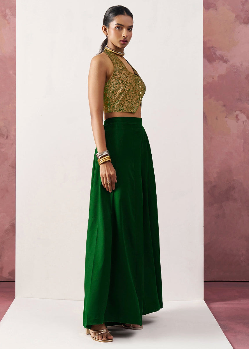 Forest Green Palazzo & Jacquard Waistcoat Fusion Set - House of Sarvati LLC