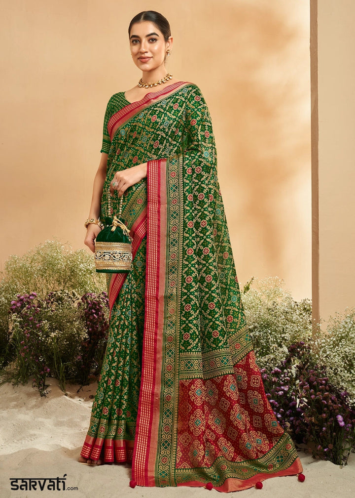 Forest Green Patola Printed Georgette Silk Saree - House of Sarvati LLC