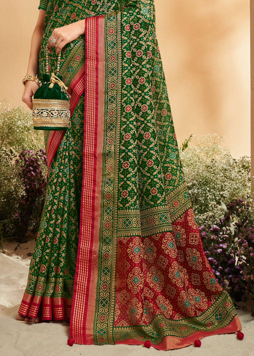 Forest Green Patola Printed Georgette Silk Saree - House of Sarvati LLC
