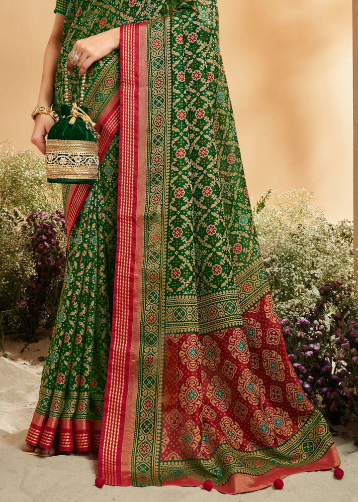 Forest Green Patola Printed Georgette Silk Saree - House of Sarvati LLC