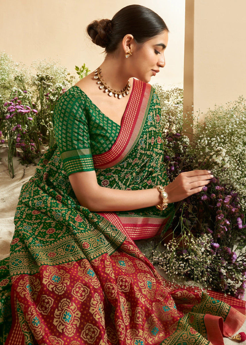 Forest Green Patola Printed Georgette Silk Saree - House of Sarvati LLC