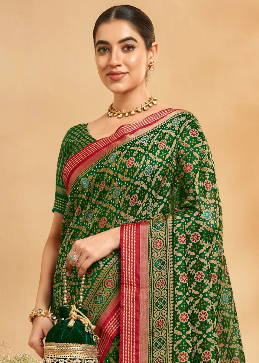 Forest Green Patola Printed Georgette Silk Saree - House of Sarvati LLC