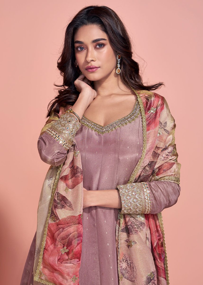 French Lilac Purple Organza Silk Anarkali with Exquisite Detailing - House of Sarvati LLC