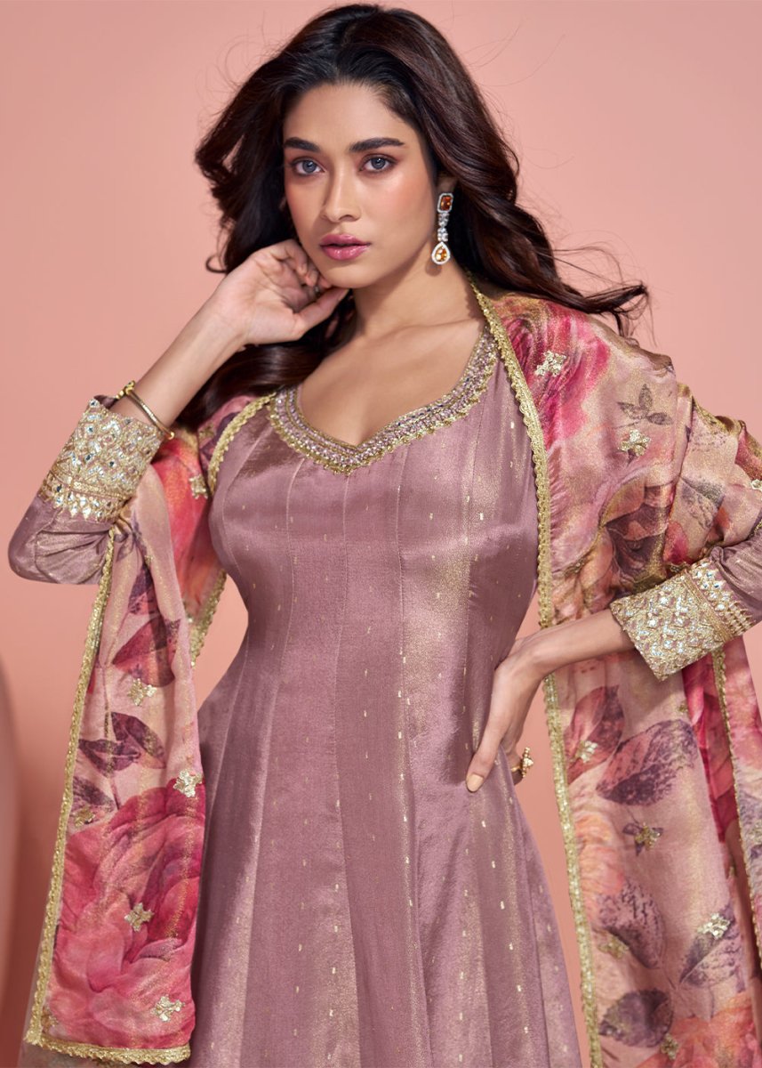 French Lilac Purple Organza Silk Anarkali with Exquisite Detailing - House of Sarvati LLC
