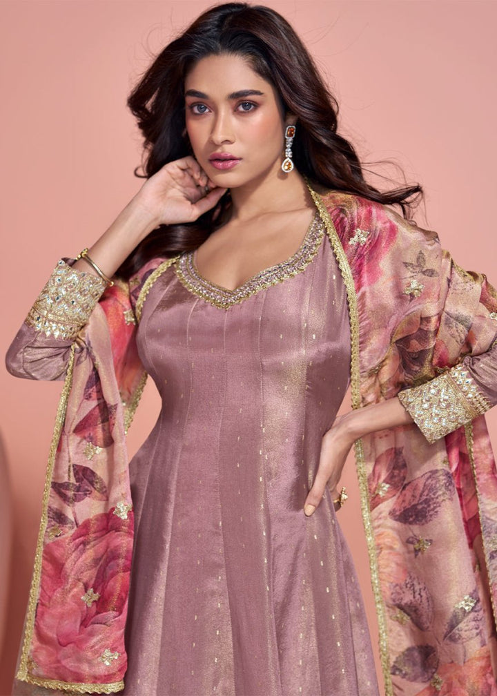 French Lilac Purple Organza Silk Anarkali with Exquisite Detailing - House of Sarvati LLC