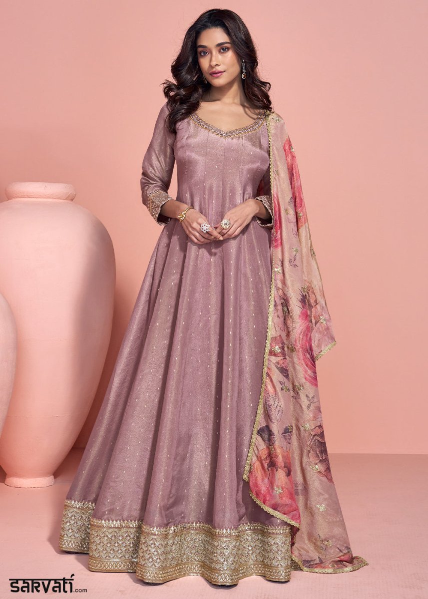 French Lilac Purple Organza Silk Anarkali with Exquisite Detailing - House of Sarvati LLC