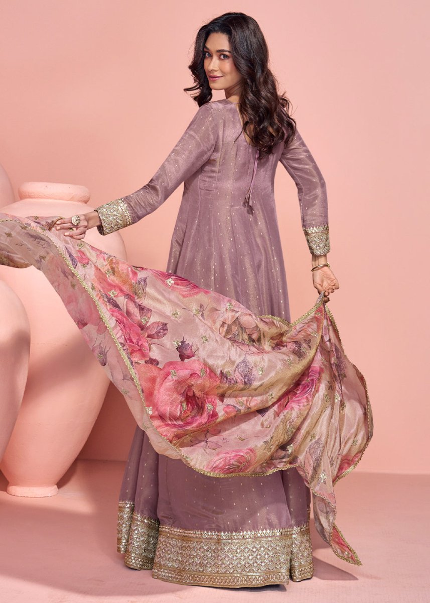 French Lilac Purple Organza Silk Anarkali with Exquisite Detailing - House of Sarvati LLC