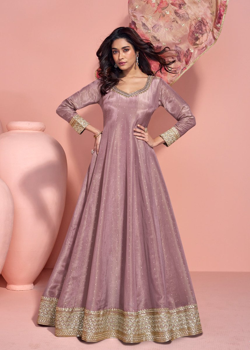French Lilac Purple Organza Silk Anarkali with Exquisite Detailing - House of Sarvati LLC