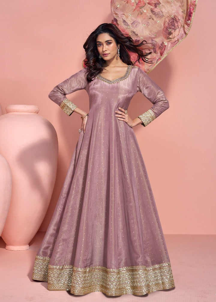 French Lilac Purple Organza Silk Anarkali with Exquisite Detailing - House of Sarvati LLC