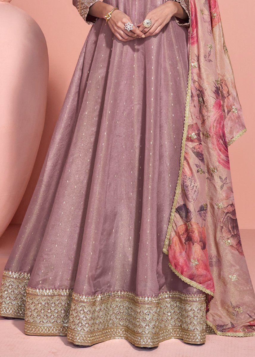 French Lilac Purple Organza Silk Anarkali with Exquisite Detailing - House of Sarvati LLC
