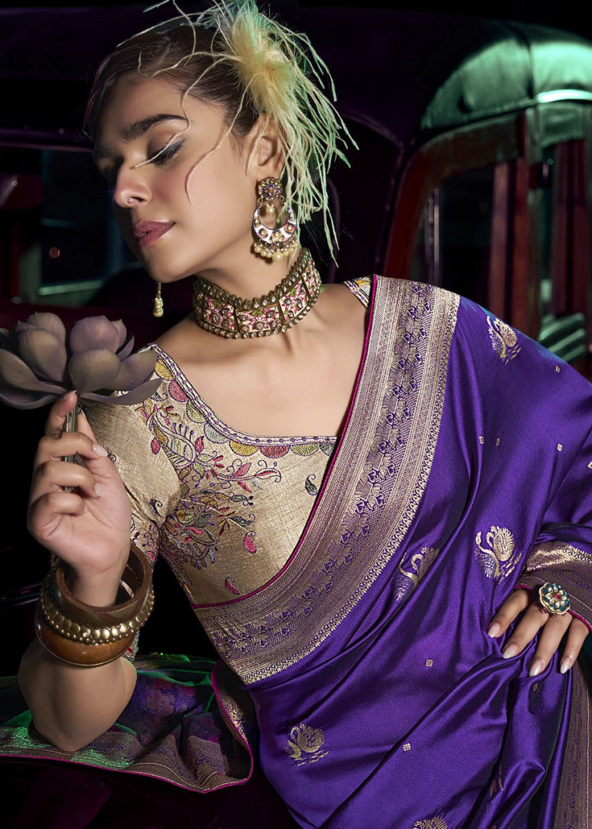 French Purple Banarasi Silk Saree with Opulent Zari Work & Embellished Blouse - House of Sarvati LLC