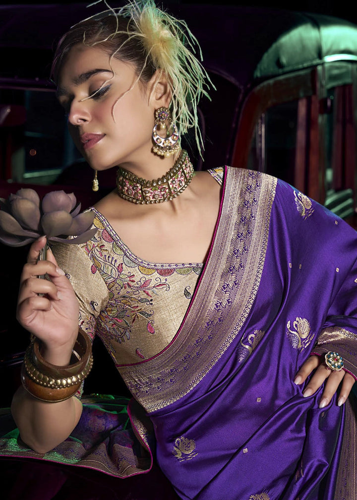 French Purple Banarasi Silk Saree with Opulent Zari Work & Embellished Blouse - House of Sarvati LLC