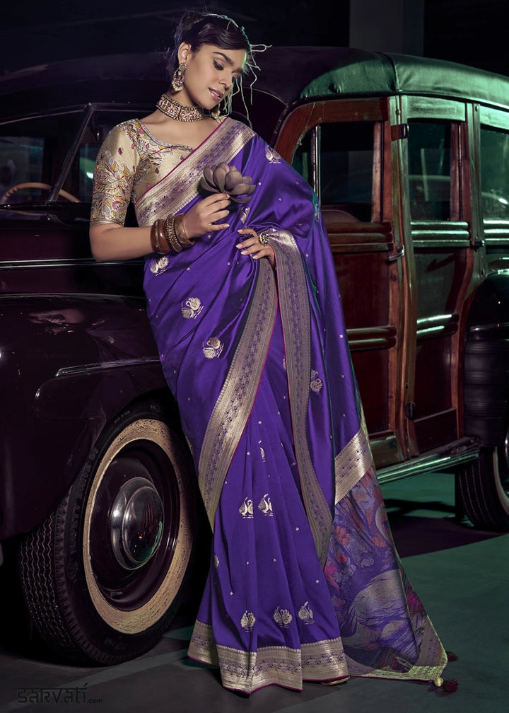 French Purple Banarasi Silk Saree with Opulent Zari Work & Embellished Blouse - House of Sarvati LLC
