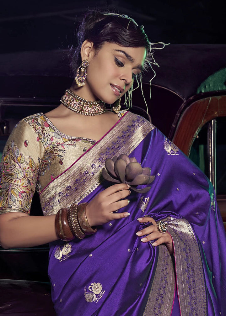 French Purple Banarasi Silk Saree with Opulent Zari Work & Embellished Blouse - House of Sarvati LLC