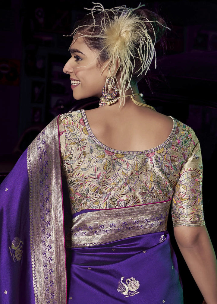French Purple Banarasi Silk Saree with Opulent Zari Work & Embellished Blouse - House of Sarvati LLC
