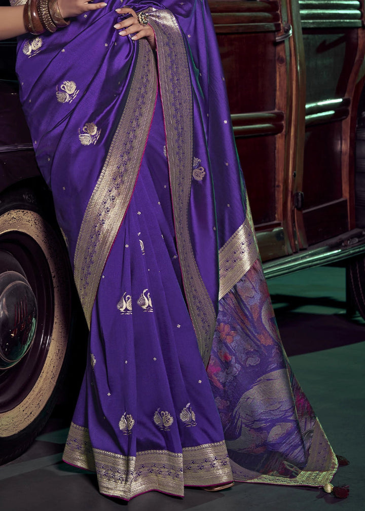 French Purple Banarasi Silk Saree with Opulent Zari Work & Embellished Blouse - House of Sarvati LLC