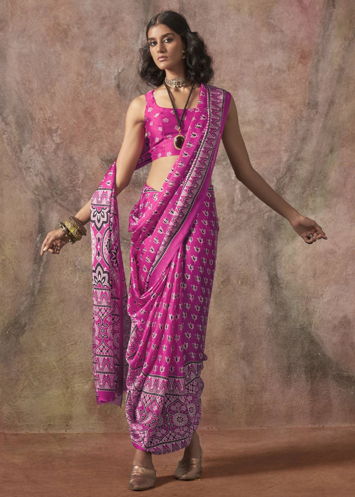 Fuchsia Pink Printed Satin Georgette Saree with Ajrakh & Bandhani Patterns - House of Sarvati LLC