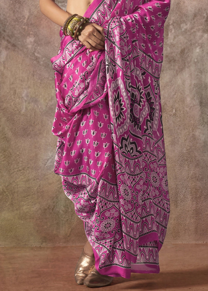 Fuchsia Pink Printed Satin Georgette Saree with Ajrakh & Bandhani Patterns - House of Sarvati LLC