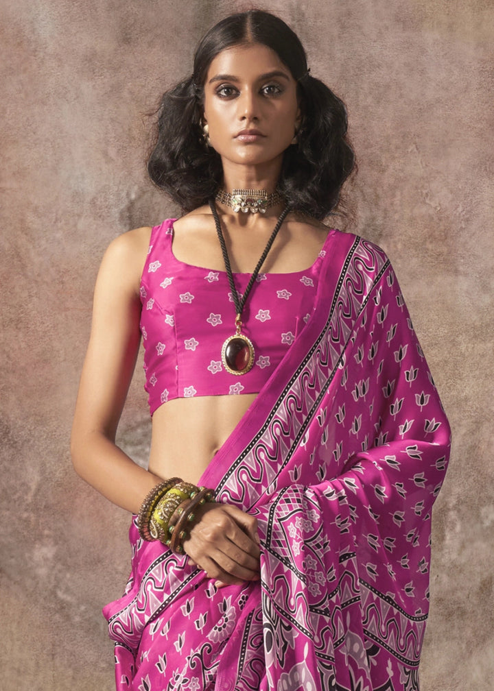 Fuchsia Pink Printed Satin Georgette Saree with Ajrakh & Bandhani Patterns - House of Sarvati LLC