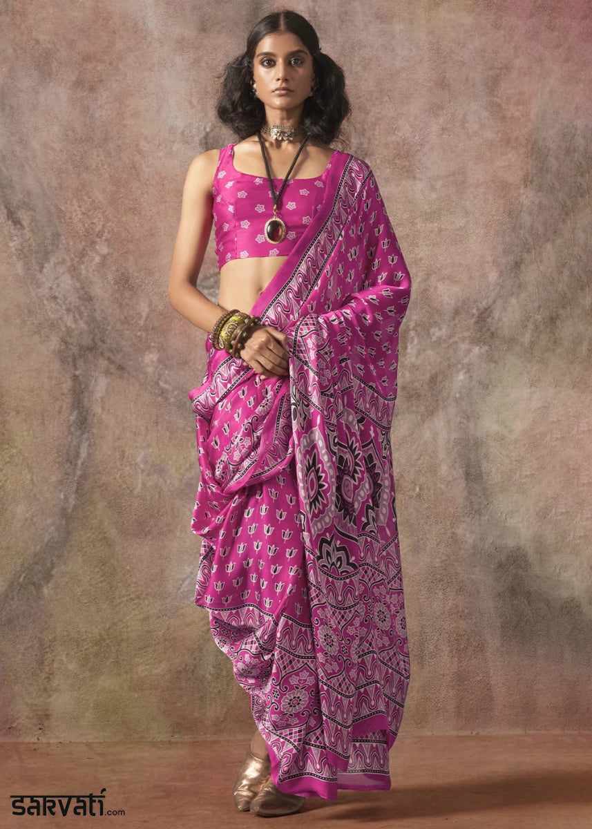 Fuchsia Pink Printed Satin Georgette Saree with Ajrakh & Bandhani Patterns - House of Sarvati LLC