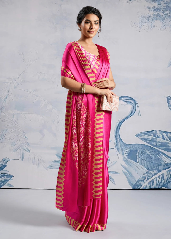 Fuchsia Pink Saree in Modal Satin with Classic Ajrakh Print - House of Sarvati LLC