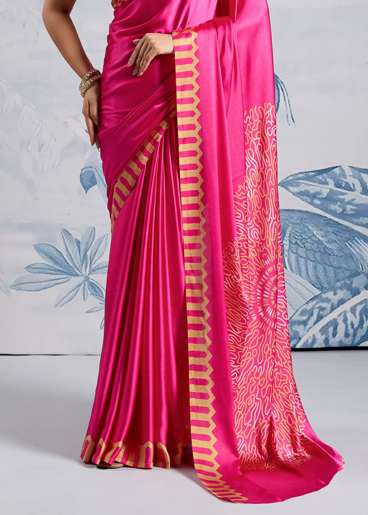 Fuchsia Pink Saree in Modal Satin with Classic Ajrakh Print - House of Sarvati LLC