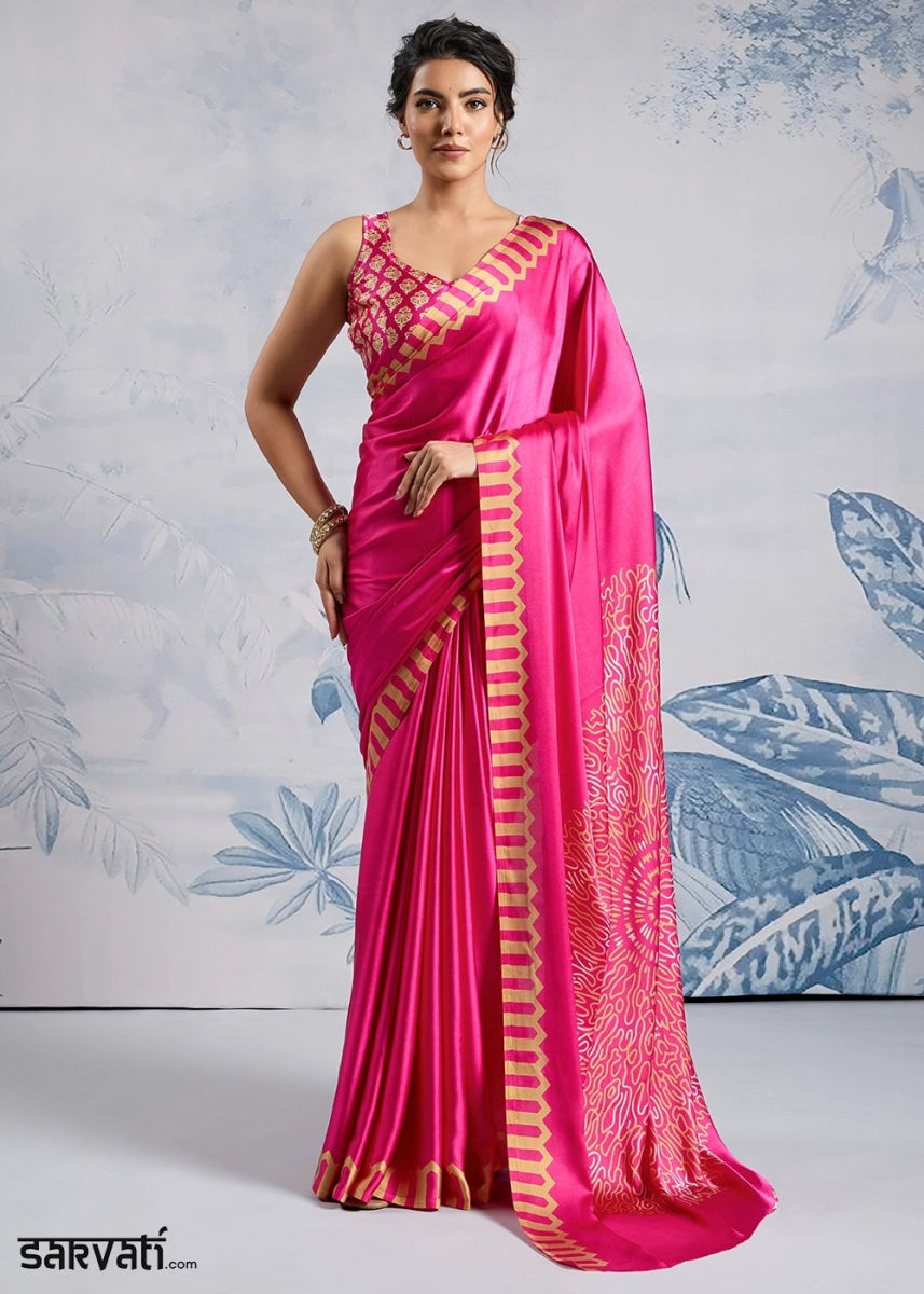 Fuchsia Pink Saree in Modal Satin with Classic Ajrakh Print - House of Sarvati LLC