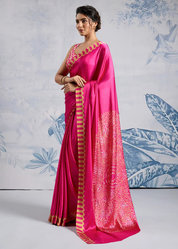 Fuchsia Pink Saree in Modal Satin with Classic Ajrakh Print - House of Sarvati LLC
