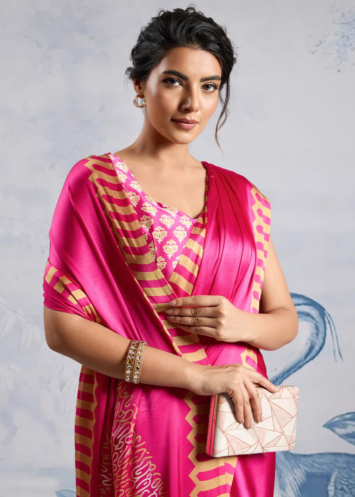 Fuchsia Pink Saree in Modal Satin with Classic Ajrakh Print - House of Sarvati LLC