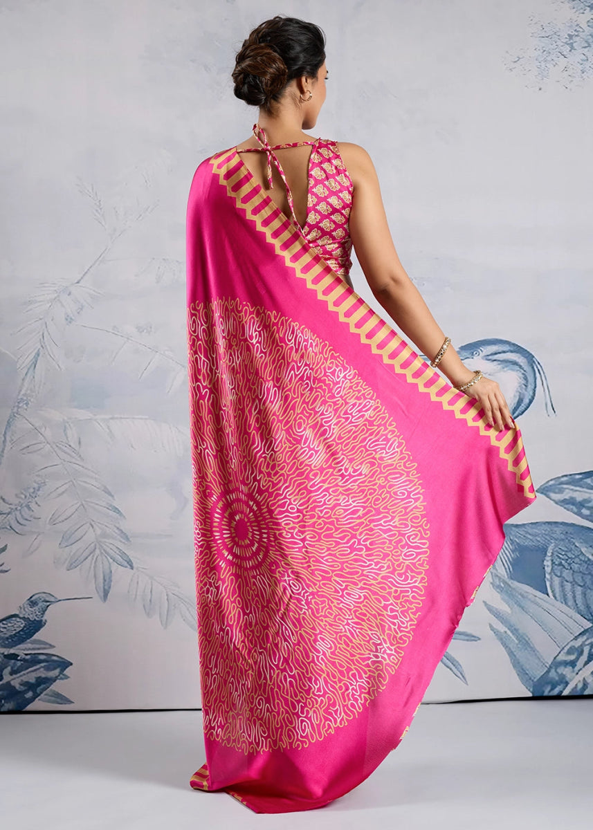 Fuchsia Pink Saree in Modal Satin with Classic Ajrakh Print - House of Sarvati LLC