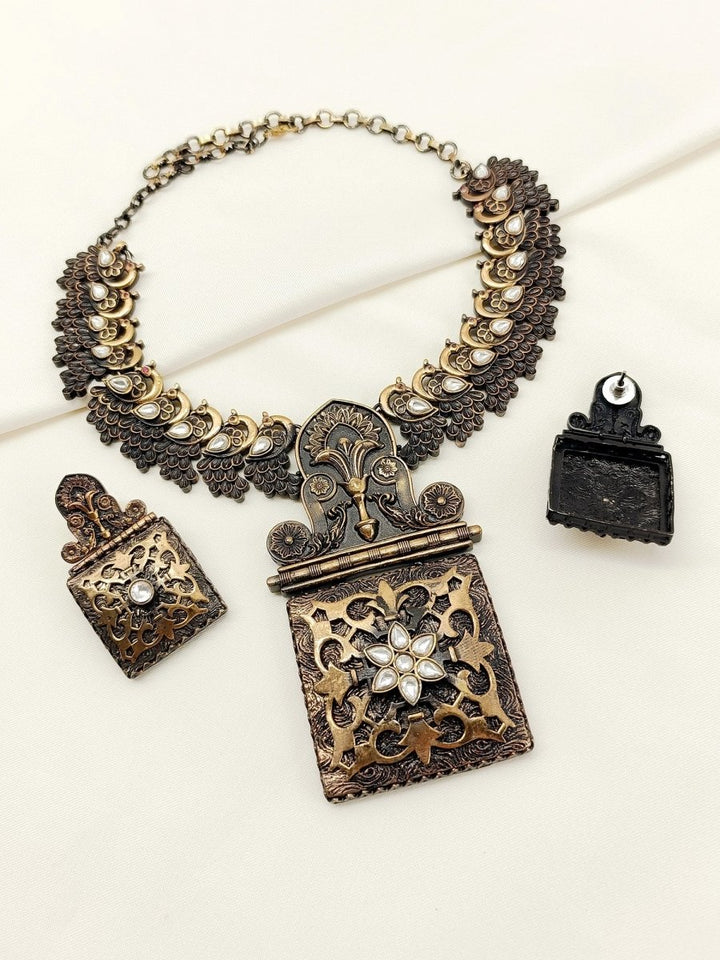 Girisha Antique Gold Oxidized Necklace Set - House of Sarvati LLC
