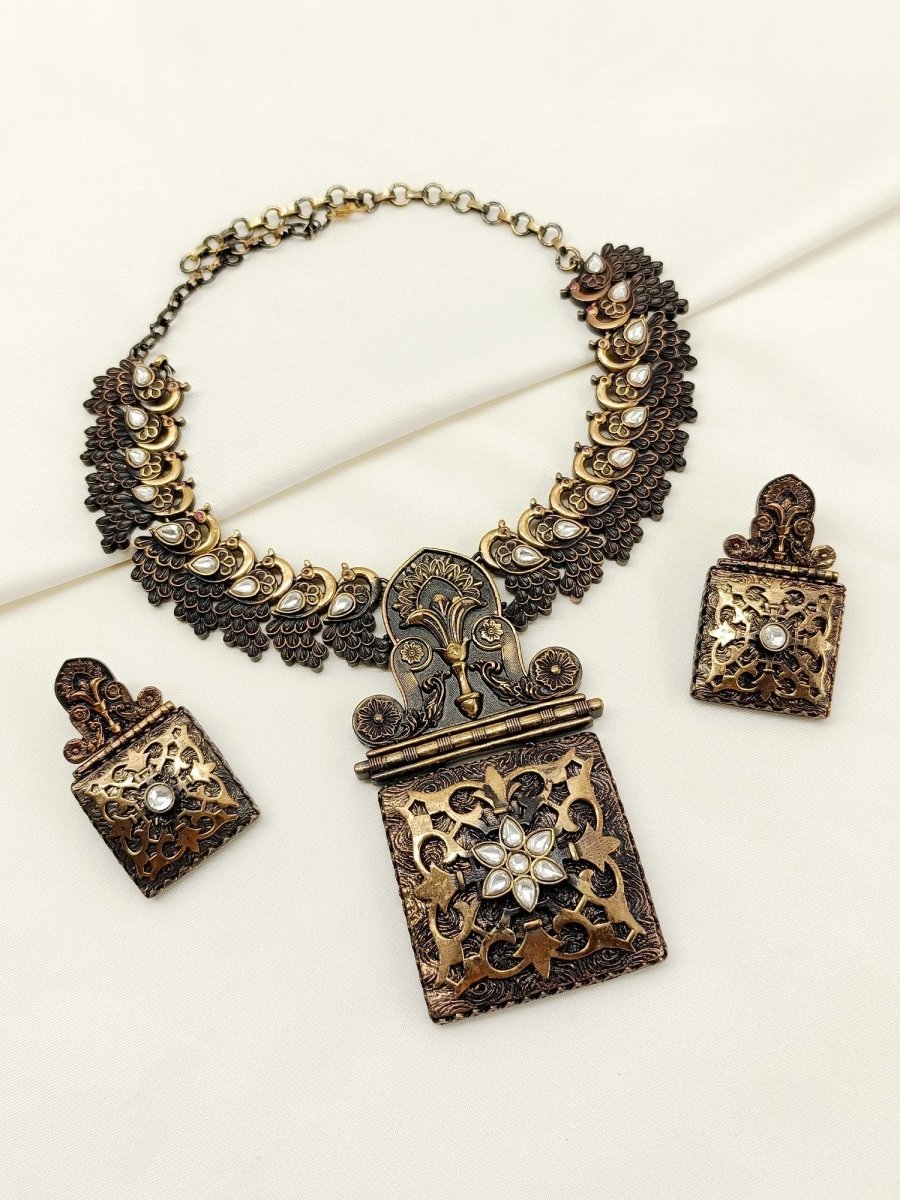 Girisha Antique Gold Oxidized Necklace Set - House of Sarvati LLC