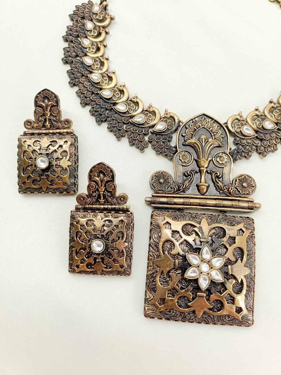 Girisha Antique Gold Oxidized Necklace Set - House of Sarvati LLC