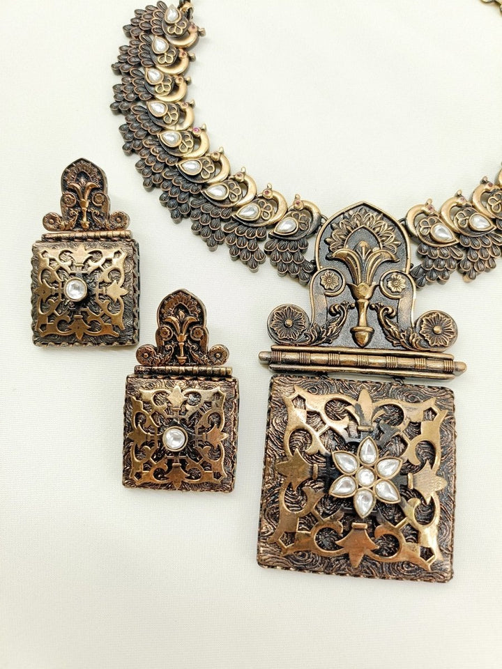 Girisha Antique Gold Oxidized Necklace Set - House of Sarvati LLC