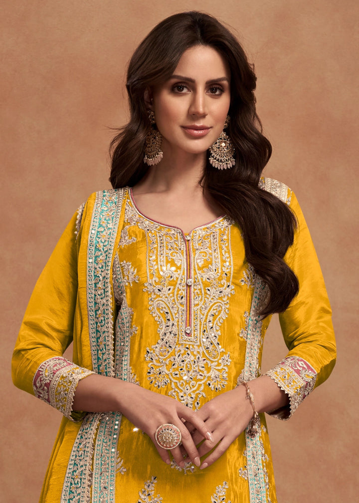 Golden Yellow Simar Silk Palazzo Suit Adorned with Floral Embroidery - House of Sarvati LLC