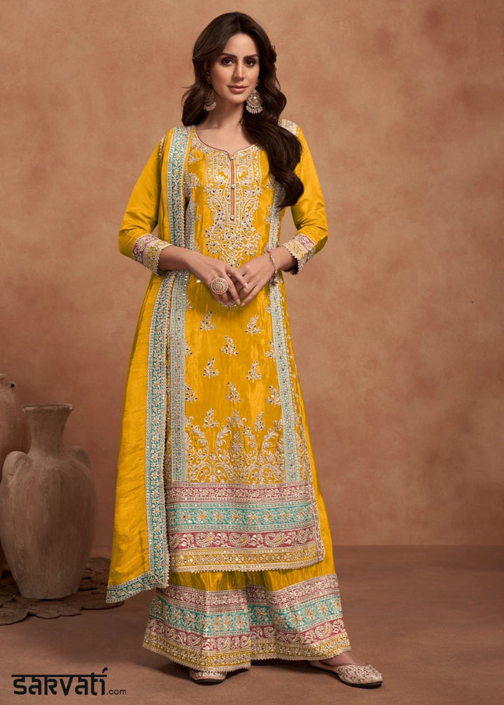 Golden Yellow Simar Silk Palazzo Suit Adorned with Floral Embroidery - House of Sarvati LLC
